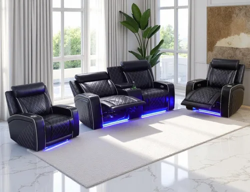 Miniatura 62 de Juego de Sofá Reclinable Eléctrico, Juego de Sofá y Sillón Reclinable de Cuero Negro, Juegos de Muebles de Sala de Estar, Sofá de Dos Plazas