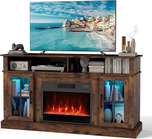 COSTWAY Soporte eléctrico para TV con chimenea para televisores de hasta 65 pulgadas con luces LED, controles remotos, estantes ajustables, Marrón
