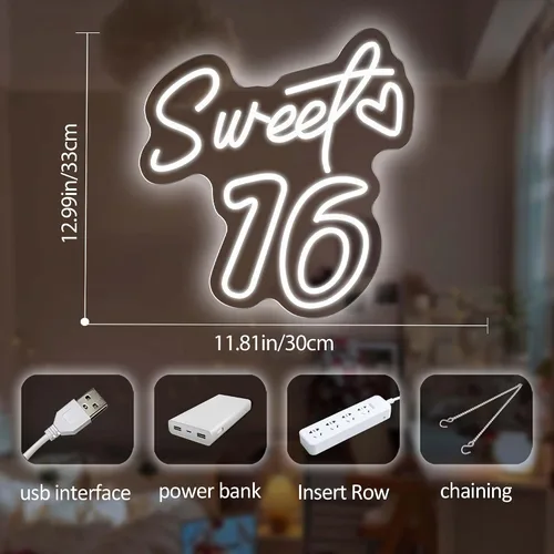 Miniatura 4 de Decoraciones de neón para fiestas de 16 años con texto en inglés «Sweet 16», decoración de cumpleaños para niñas, brillo vibrante para fiestas