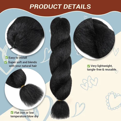 Miniatura 3 de Extensiones de cabello rizado rizado de 22 pulgadas con ganchillo de zorra - Fibras sintéticas Yaki de alta calidad negro natural para mujeres 1B-22