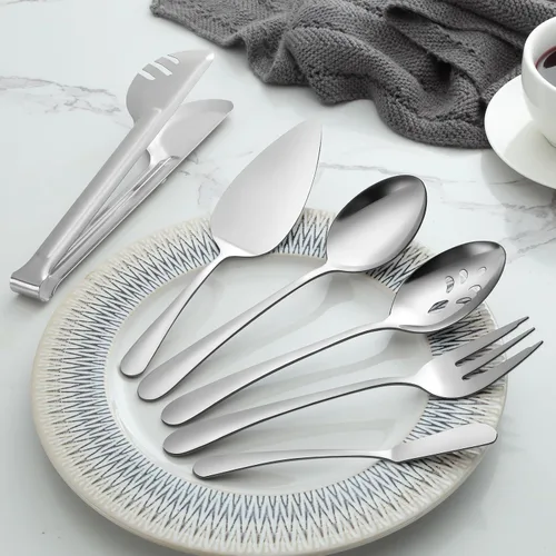 Miniatura 6 de Pleafind Juego de 10 utensilios de acero inoxidable para servir con cucharas, cucharas ranuradas, tenedores, pinzas, servidor de pastel y cuchillo
