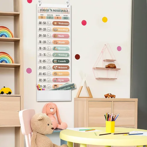Miniatura 6 de Boho Tabla de Bolsillo con Horario Diario para el Aula con 24 Tarjetas, Decoración de Bienvenida para el Regreso a la Escuela, Blanca