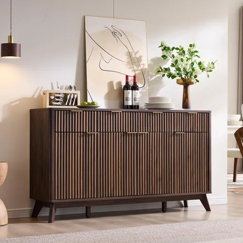 T4TREAM - Aparador de buffet estriado con almacenamiento, mesa de aparador moderna grande de 60" con barra de café, barra de vino, gabinete de Nogal