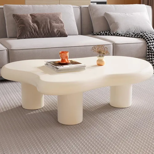 Mesa de centro en forma de nube de 46.06 pulgadas, moderna mesa de centro blanca con borde redondo con 3 patas de soporte resistentes y mesa de 3.14