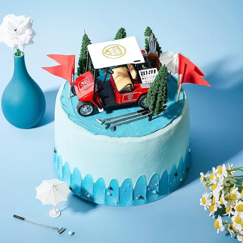 Miniatura 4 de Leitee 21 piezas de decoración de pastel de golf con mini carrito, bandera roja, bola, árbol verde, club, sombrilla de sol para decoración de pastel