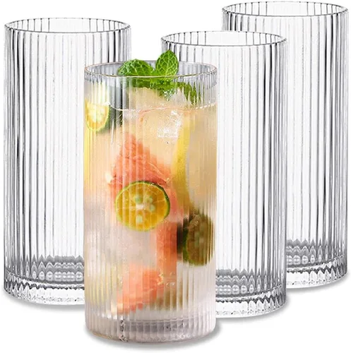 INSETLAN Juego de 4 vasos de vidrio vintage, estilo Origami, transparentes, estilo Origami, para bar, bebidas, café helado, jugo ondulado, 12.5 fl