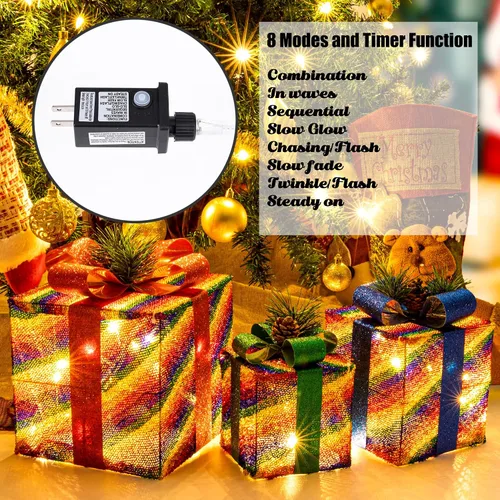Miniatura 4 de Sunnyglade Juego de 3 cajas de regalo iluminadas de Navidad con enchufe, lazos, hojas de pino artificiales y conos de pino para Navidad, bodas