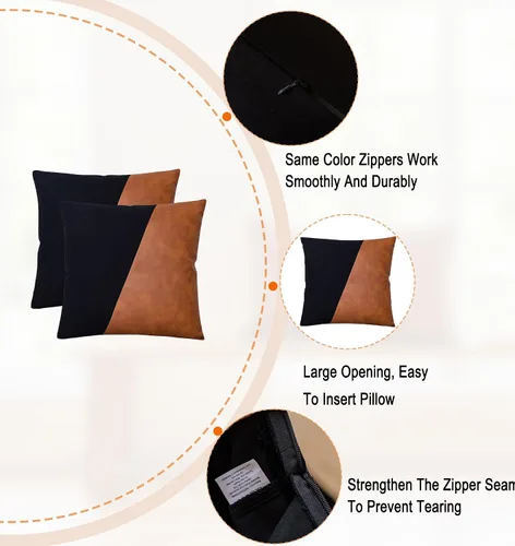 Miniatura 3 de Juego de 2 fundas de almohada de 20x20 pulgadas de piel sintética negra y marrón, almohadas decorativas de algodón estilo bohemia moderna para Negro