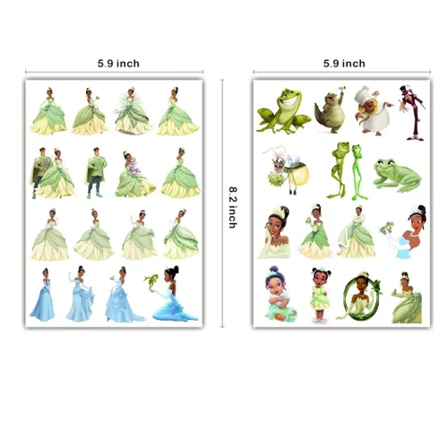 Miniatura 3 de 8 hojas de tatuajes temporales de princesa Tiana para suministros de fiesta, tatuajes temporales de princesa y rana para decoraciones de fiesta