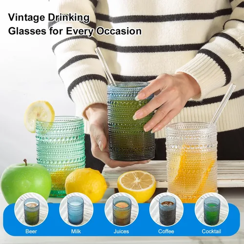 Miniatura 5 de Vasos altos vintage azules con reborde y pajitas, juego de 12 vasos de vidrio para cócteles, whisky, cerveza y jugo (15 onzas y 12 onzas)