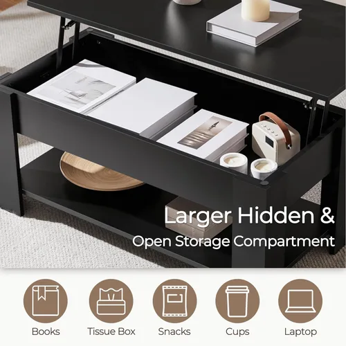 Miniatura 6 de Yaheetech Mesa de café de madera, mesa de centro con estante de almacenamiento oculto grande, mesa de comedor con superficie elevada para sala