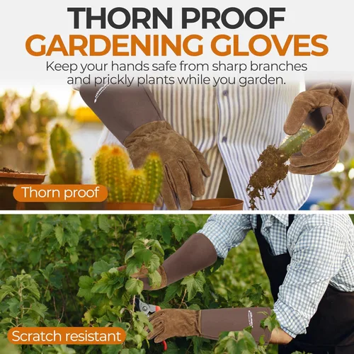 Miniatura 3 de HANDLANDY Guantes largos de jardinería para hombres y mujeres, guantes de poda de rosas de cuero de vaca - guantes tipo manopla transpirables