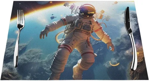 Miniatura 7 de 6 PCS PVC Placemats Set Place Mats Astronaut Flying on Planet Non-Slip Weave Place Mats 12" x 18" Farmhouse Table Mat Set for Family Dinners Wedding