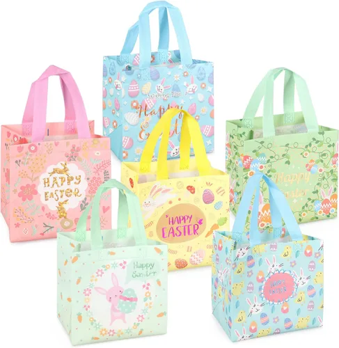Miniatura 9 de PARSUP 8 bolsas de Pascua con diseño de conejo, zanahoria, huevos de gallina, bolsas no tejidas con asas para envolver regalos, caza de huevos