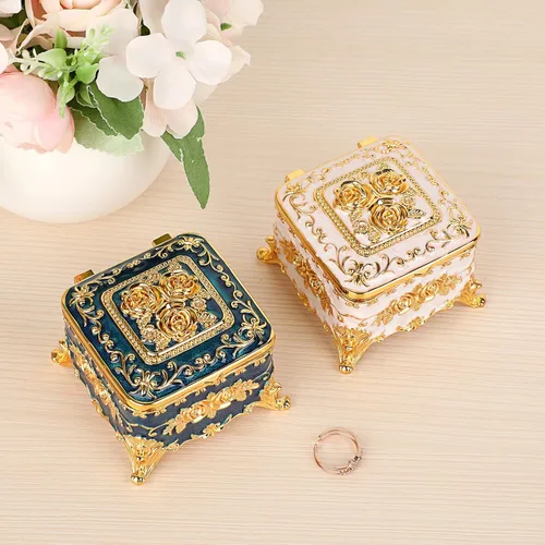 Miniatura 2 de Hipiwe Caja de Joyería de Metal Vintage - Pequeño Organizador de Baratijas Caja para Anillos con Patrón de Rosas, Caja de Almacenamiento de Joyas