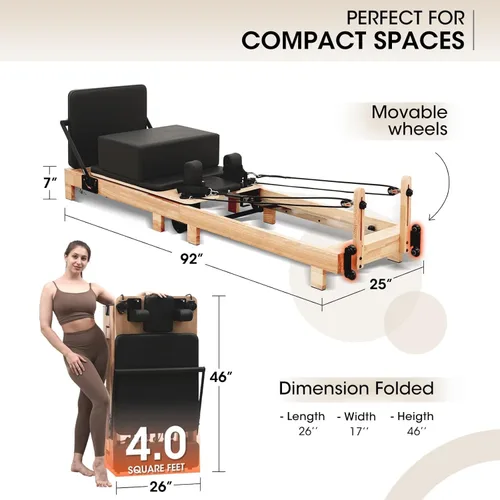 Miniatura 7 de PAETA - Máquina reformadora de pilates plegable de madera de 92 pulgadas con resortes, máquinas de pilates para uso doméstico y estudio