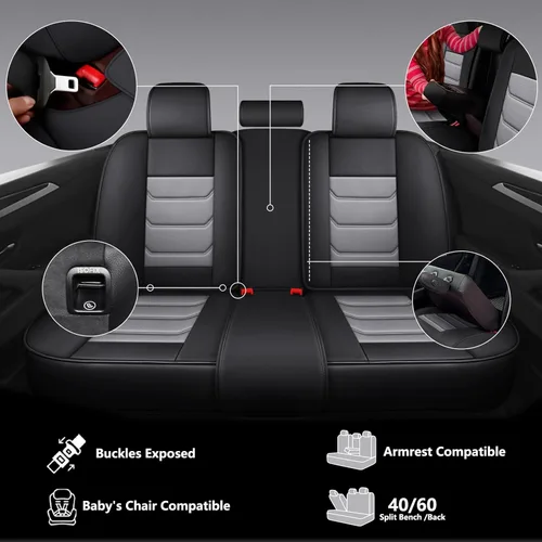 Miniatura 5 de Juego completo de fundas de asiento de automóvil de piel sintética de cobertura completa, fundas de asiento para automóviles, SUV, camionetas, Negro