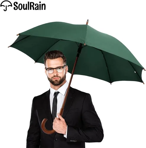 Miniatura 3 de SoulRain Paraguas de arco clásico con mango de madera de 48 pulgadas, apertura automática, resistente al viento, irrompible, paraguas de lluvia
