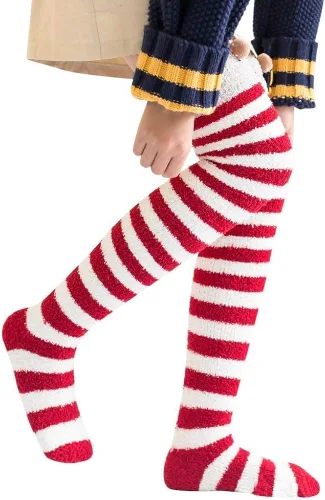Miniatura 4 de Calcetines altos hasta el muslo para mujer, lindos dibujos animados, por encima de la rodilla, cálidos, calentadores de piernas a rayas