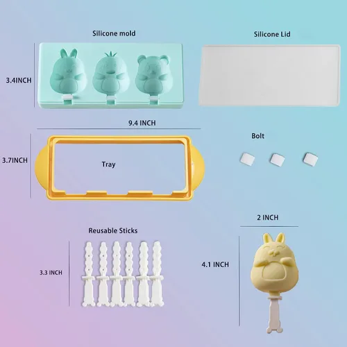 Miniatura 2 de Moldes para paletas de hielo, moldes de silicona con 3 cavidades, molde para helados, animales y frutas, pastel de frutas, molde para hacer paletas