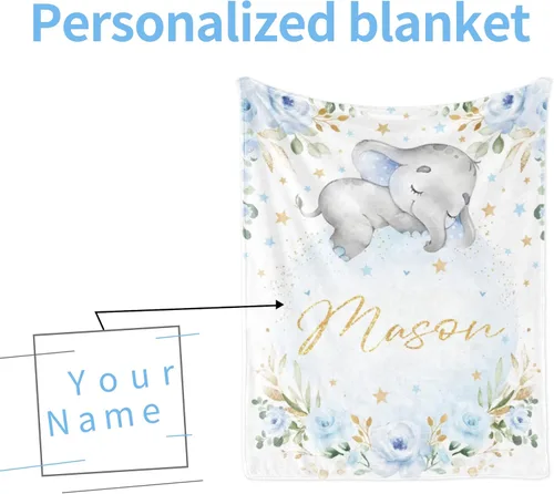 Miniatura 4 de Manta de bebé de elefante personalizada con nombre para niño, manta de nombre personalizada para niño recién nacido, manta de franela suave, regalo