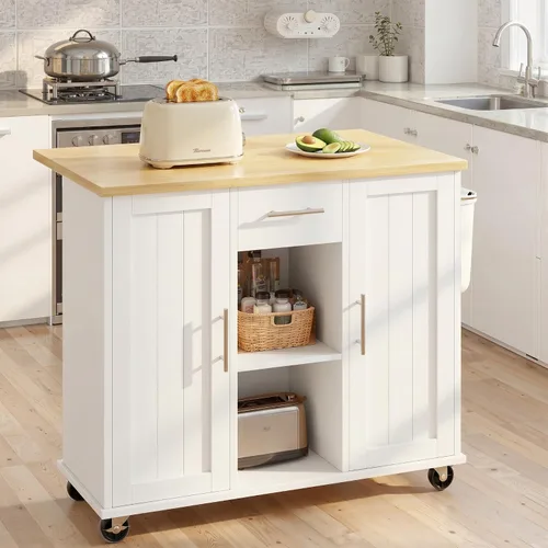 Miniatura 9 de SUNLEI Carrito de isla de cocina rodante con ruedas, mesa de isla para cocina, carrito de cocina de granja con hojas colgantes y toallero y cajón