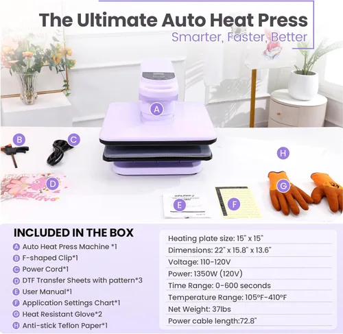 Miniatura 9 de Whubefy Prensa de Calor Automática Giratoria 360° 15x15 - Máquina Profesional Automática de Prensa para Camisetas con Liberación Automática y 7