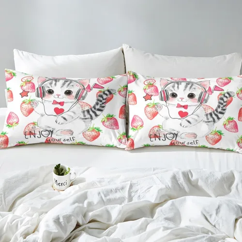 Miniatura 5 de Erosebridal Juego de funda de edredón con diseño de gato y fresa, tamaño individual, diseño de caricaturas, arcoíris, con temática de animales
