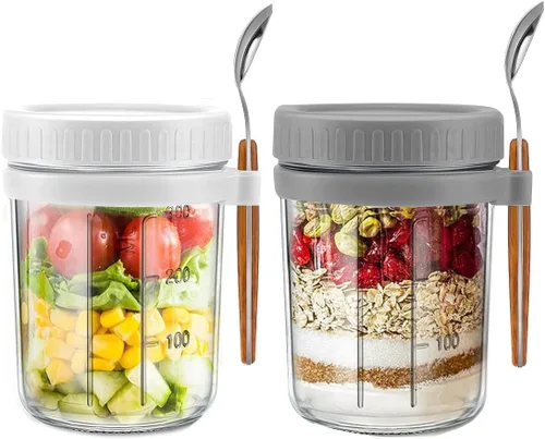 Miniatura 8 de Recipientes de avena con tapas y cuchara, juego de 2 frascos herméticos de 12 onzas con marcas de medición, vasos reutilizables para yogur de Blanco