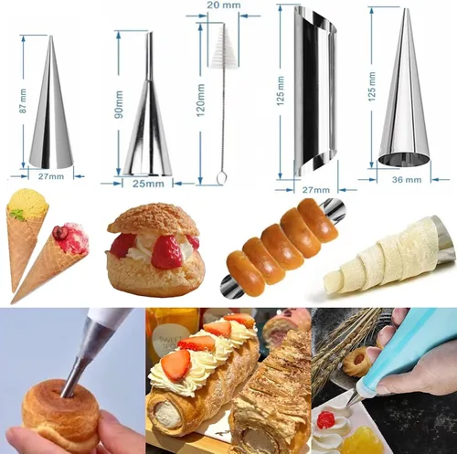 Miniatura 3 de Juego de moldes de acero inoxidable para cannoli AMBESTAR, 5 moldes grandes para cannoli, 5 moldes grandes para cornetas, 5 moldes pequeños para 5