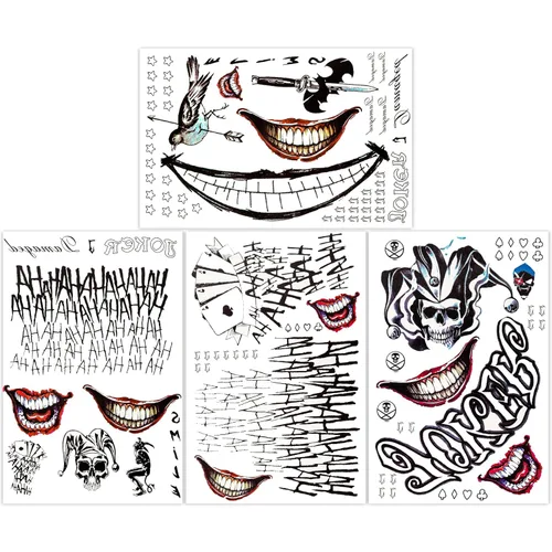 NEDEQI - 4 hojas de tatuajes de Joker de gran tamaño, tatuaje falso temporal de Halloween para hombres y adultos, todas las versiones, calcomanías