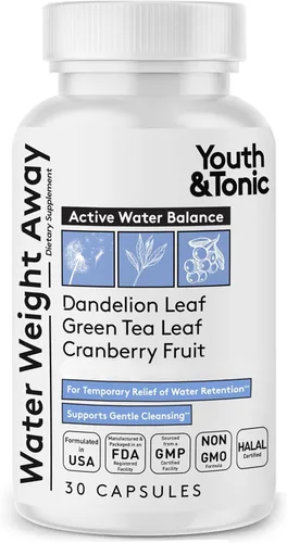 Youth & Tonic Pastillas de agua para retención de líquidos, diurético natural para aliviar la hinchazón y el equilibrio de líquidos, soporte para