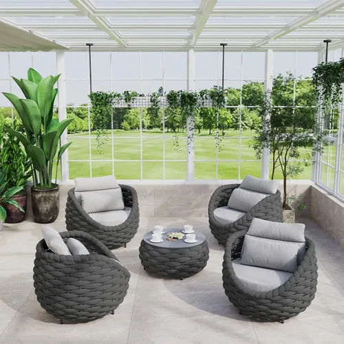 Miniatura 23 de Juego de muebles de patio de 4 piezas ensamblado, conjunto de sofá de conversación para exteriores de cuerda tejida a mano - Sofá de aluminio Cuerda