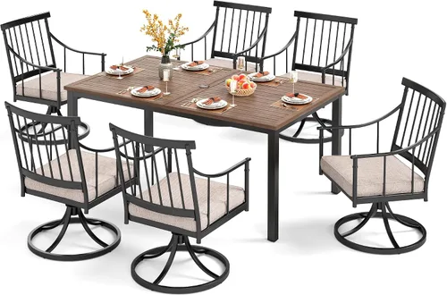 Miniatura 22 de PHI VILLA Juego de comedor al aire libre de 7 piezas con cojín, mesa de comedor rectangular de metal de 60 pulgadas con agujero para sombrilla y 6