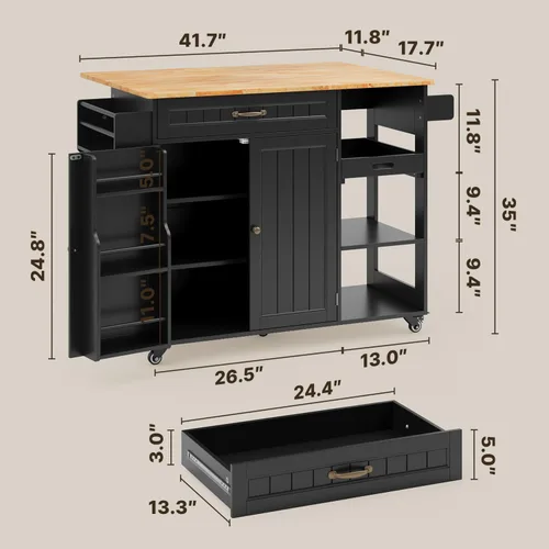Miniatura 3 de Gizoon Isla de cocina con almacenamiento, Isla de cocina con hoja caída, carrito de comedor rodante de 41.7 pulgadas de ancho, encimera plegable, 5