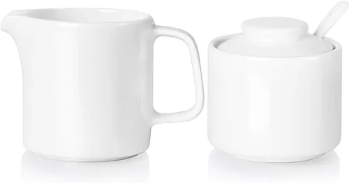 ONTUBE Juego de 3 jarras de porcelana para azúcar y crema, jarra de crema de cerámica, azucarero con tapa y cuchara (blanco brillante)