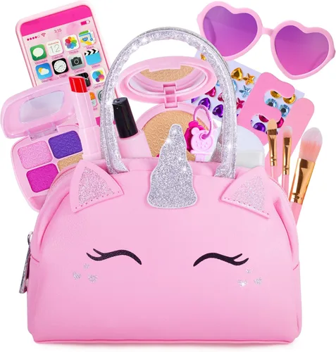 Kit de maquillaje de simulación para niñas pequeñas con bolso de unicornio: juego de maquillaje falso (no real) para niños pequeños y niños, incluye