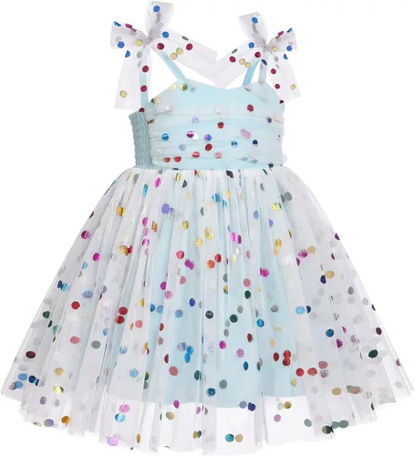 Miniatura 4 de ODASDO Vestido de fiesta de cumpleaños para niñas pequeñas, con lazo, tirantes delgados, tutú de tul, vestido de princesa, concurso de fiesta