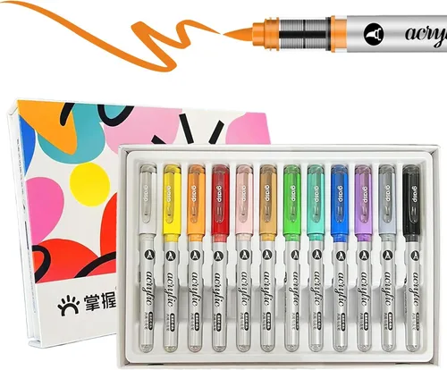 Juego de marcadores de pintura acrílica de 12 colores, bolígrafos de pintura acrílica a base de agua con ventana de tinta visual, marcadores