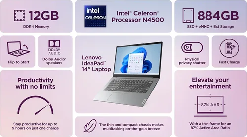 Miniatura 3 de Lenovo IdeaPad Laptop Business Student 2025, pantalla de 14 pulgadas, procesador Intel de doble núcleo, 12 GB de RAM + 884 GB de almacenamiento