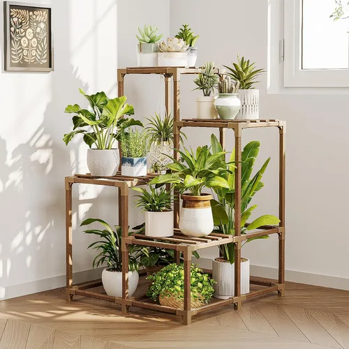 Miniatura 8 de Bamworld Soporte para plantas para interiores y exteriores, estante de esquina para plantas, soporte para 4 macetas, soporte para flores, estante
