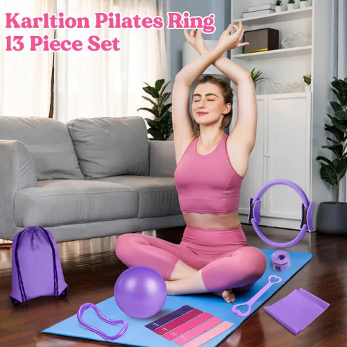 Miniatura 4 de Juego de anillos de pilates de 13 piezas, kit de pilates para mujer, accesorios de equipo de ejercicio, deformación, círculo mágico con asas Púrpura