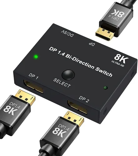 Caja de conmutadores DisplayPort 2 en 1 salida 8K @30Hz 4K a 120Hz DisplayPort 1.4 Switcher compatible con PC, laptop, monitor, juegos, TV