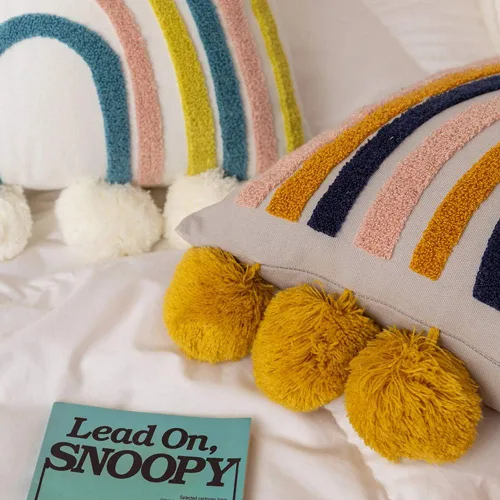Miniatura 5 de vctops Cojín decorativo de algodón con borlas y estilo bohemio arco iris con relleno de almohada para sofá, cama, sala de estar