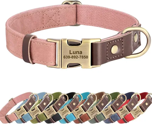 Miniatura 14 de Collares para perros personalizados, collar de piel sintética suave personalizada con nombre de mascota y número de teléfono para perros pequeños