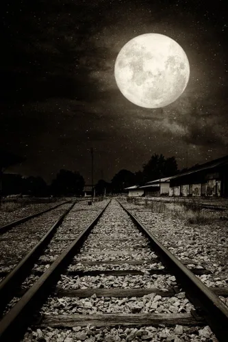 Miniatura 2 de Pistas de ferrocarril abandonadas laminadas a la luz de la luna, fotografía fotográfica espeluznante y aterradora decoración de Halloween, póster