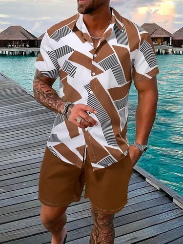 Miniatura 4 de OYOANGLE Men's 2 Piece Outfits Printed Button Down Short Sleeve Shirt and Shorts Tracksuit Set