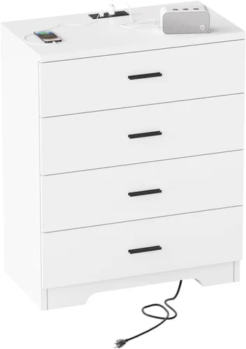 Miniatura 12 de GEPELCN Cómoda para dormitorio con tomas de corriente, cómoda de madera con 5 cajones con gran espacio de almacenamiento, cómoda negra con riel