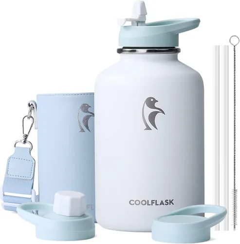 Miniatura 16 de Coolflask Botella de agua de 64 onzas aislada con funda de cuero PU, botella de agua de medio galón con contraste de color y tapa con popote, jarra