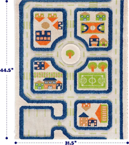 Miniatura 2 de IVI Alfombra de juego gruesa 3D para niños con diseño de ciudad colorida con campo de fútbol, estacionamiento y carreteras, azul, 32 x 45 pulgadas